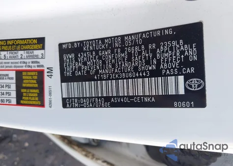 2011 Toyota Camry Le from USA, damaged, VIN 4T1BF3EK3BU604443